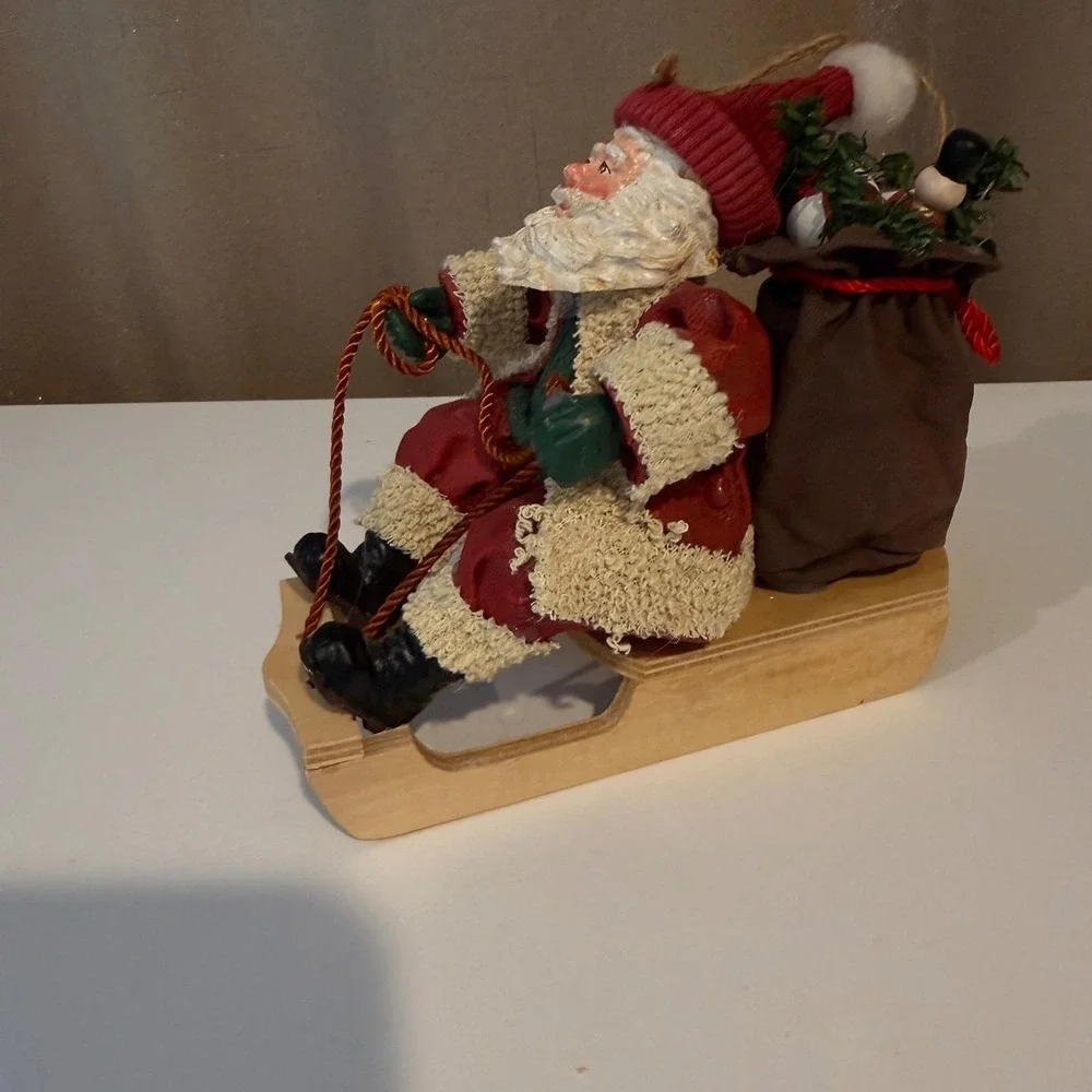 Vintage Style Santa Claus on Wooden Sled Figurine Christmas‎ Holiday Decor Red